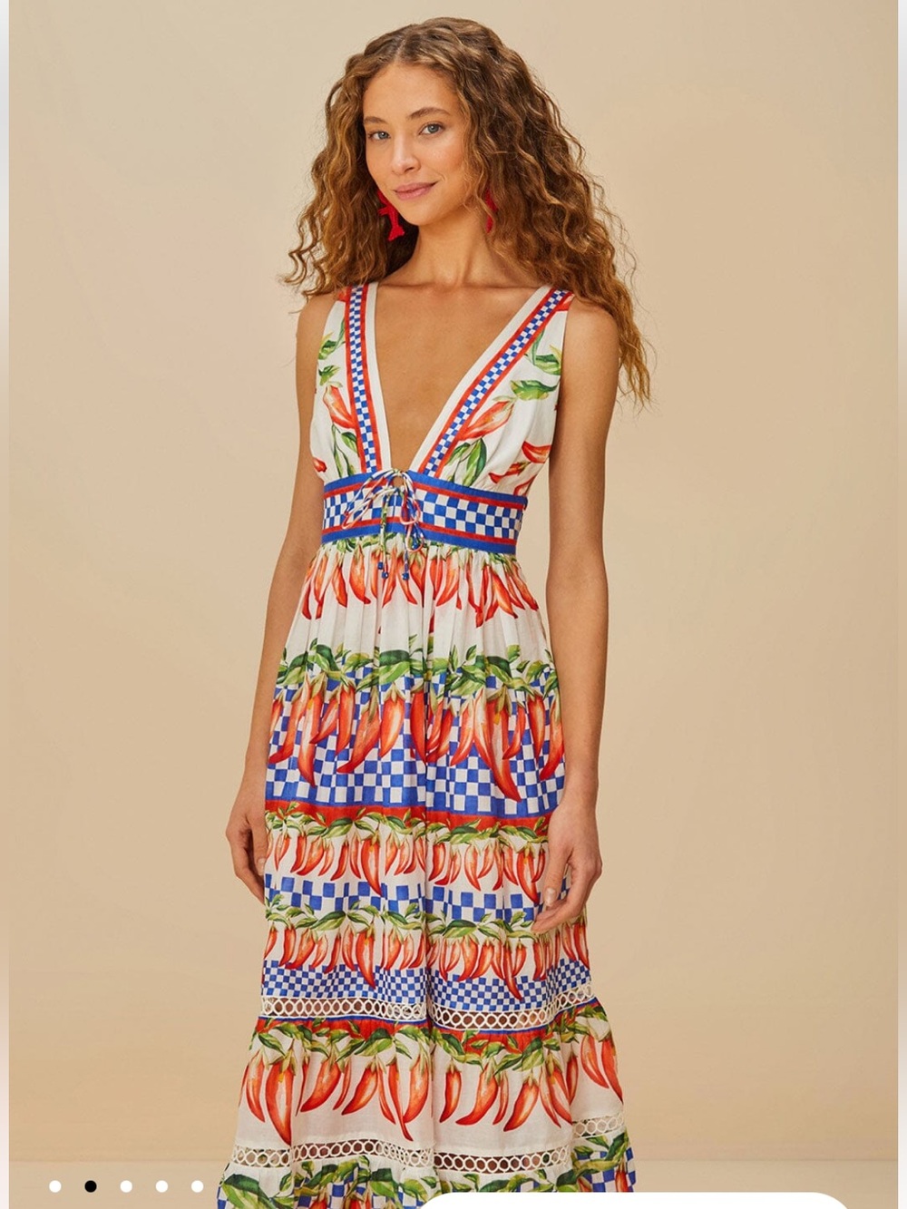 FARM Rio White Midi Dress with Red Chili Print and Blue Trim